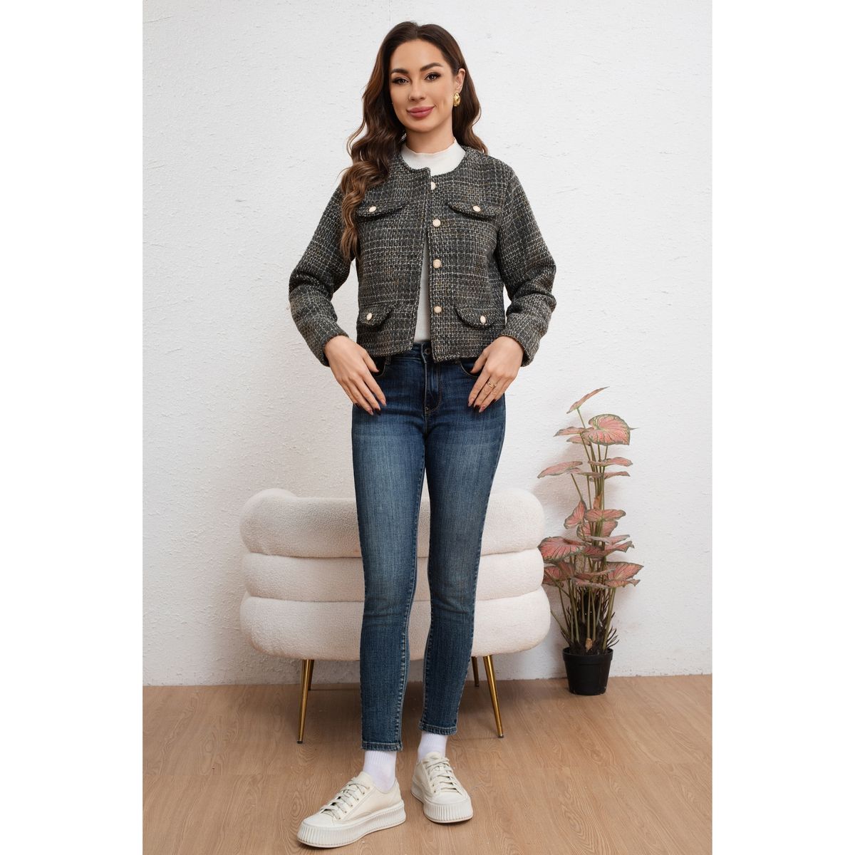 LIKE SHOP - Chaqueta Corta Algodón Mujer Formal Otoño Invierno Bolsillos 7588