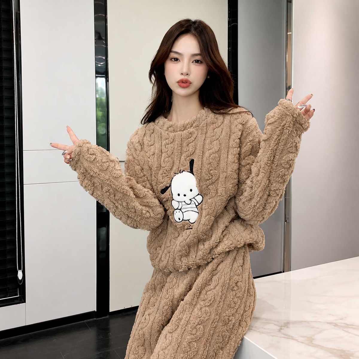 MORLAN - Pijama Mujer Plush Trenzado Invierno Set Calido Pochacco