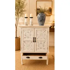 GENERICO - Gabinete Vintage Tallado Blanco con Cajón y Puertas de Madera