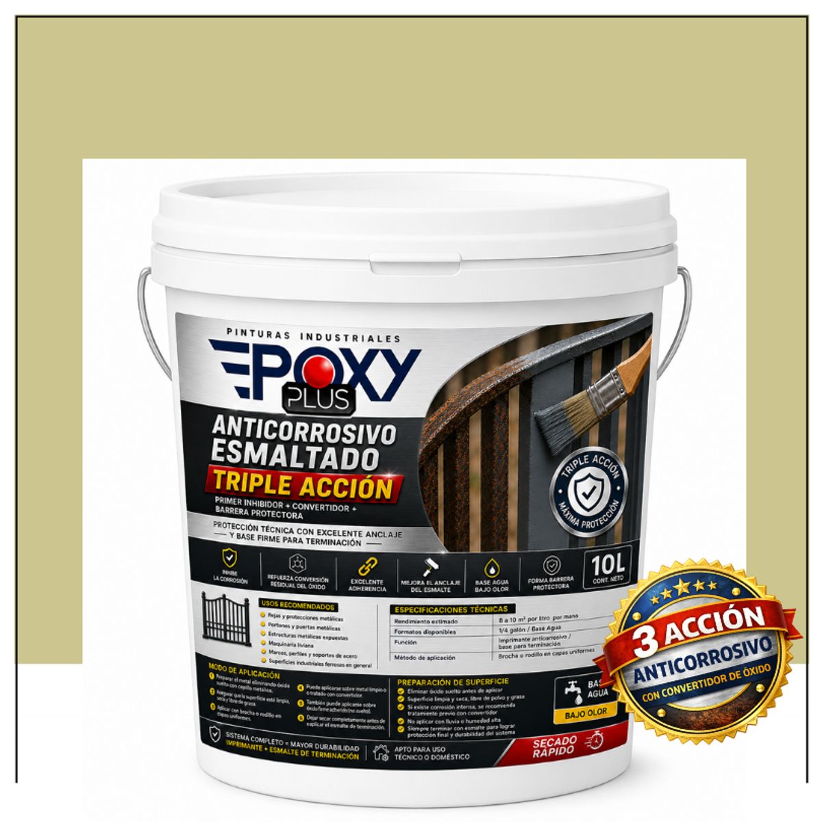 Anticorrosivo Profesional 3 en 1 - Directo sobre Óxido -  TINETA 10 LITROS -  Beige verdoso, marca EPOXY - Foto Principal