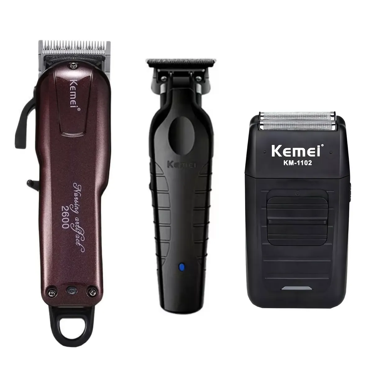KEMEI - Combo Kemei Cortadora KM-2600 + Patillera KM-2299 + Shaver 1102 Inalámbrico Negro
