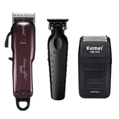 KEMEI - Combo Cortadora KM-2600 + Patillera KM-2299 + Shaver 1102 Inalámbrico Negro