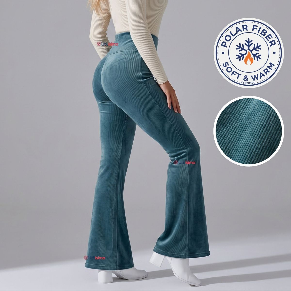 UTILISIMO - Pantalón Cotelé Palazzo Polar Con Chiporro Elasticado Térmico Verde Agua