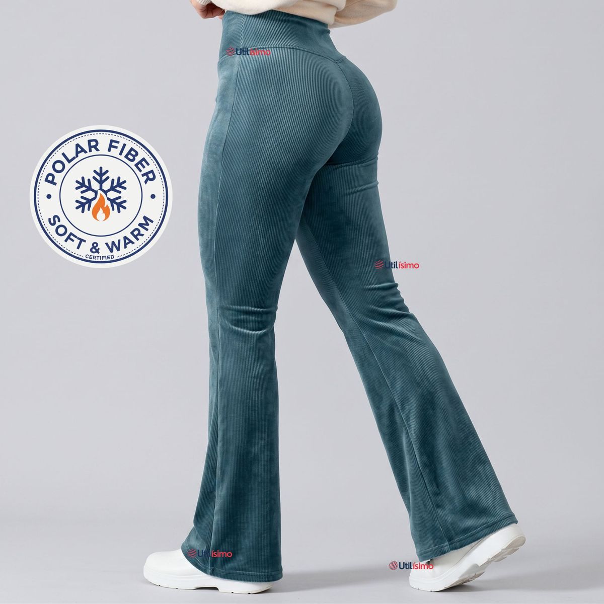 UTILISIMO - Pantalón Cotelé Palazzo Polar Con Chiporro Elasticado Térmico Verde Agua