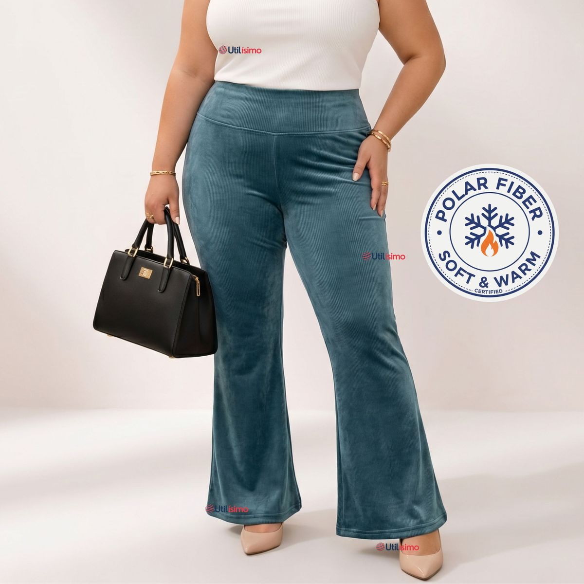 UTILISIMO - Pantalón Cotelé Palazzo Polar Con Chiporro Elasticado Térmico Verde Agua