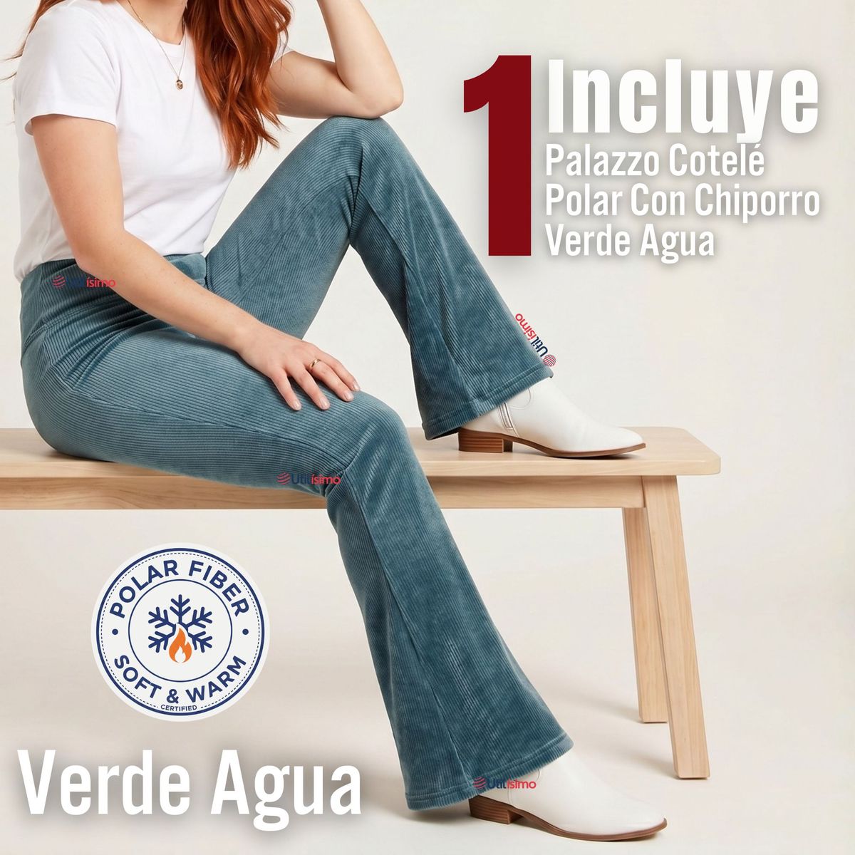 UTILISIMO - Pantalón Cotelé Palazzo Polar Con Chiporro Elasticado Térmico Verde Agua