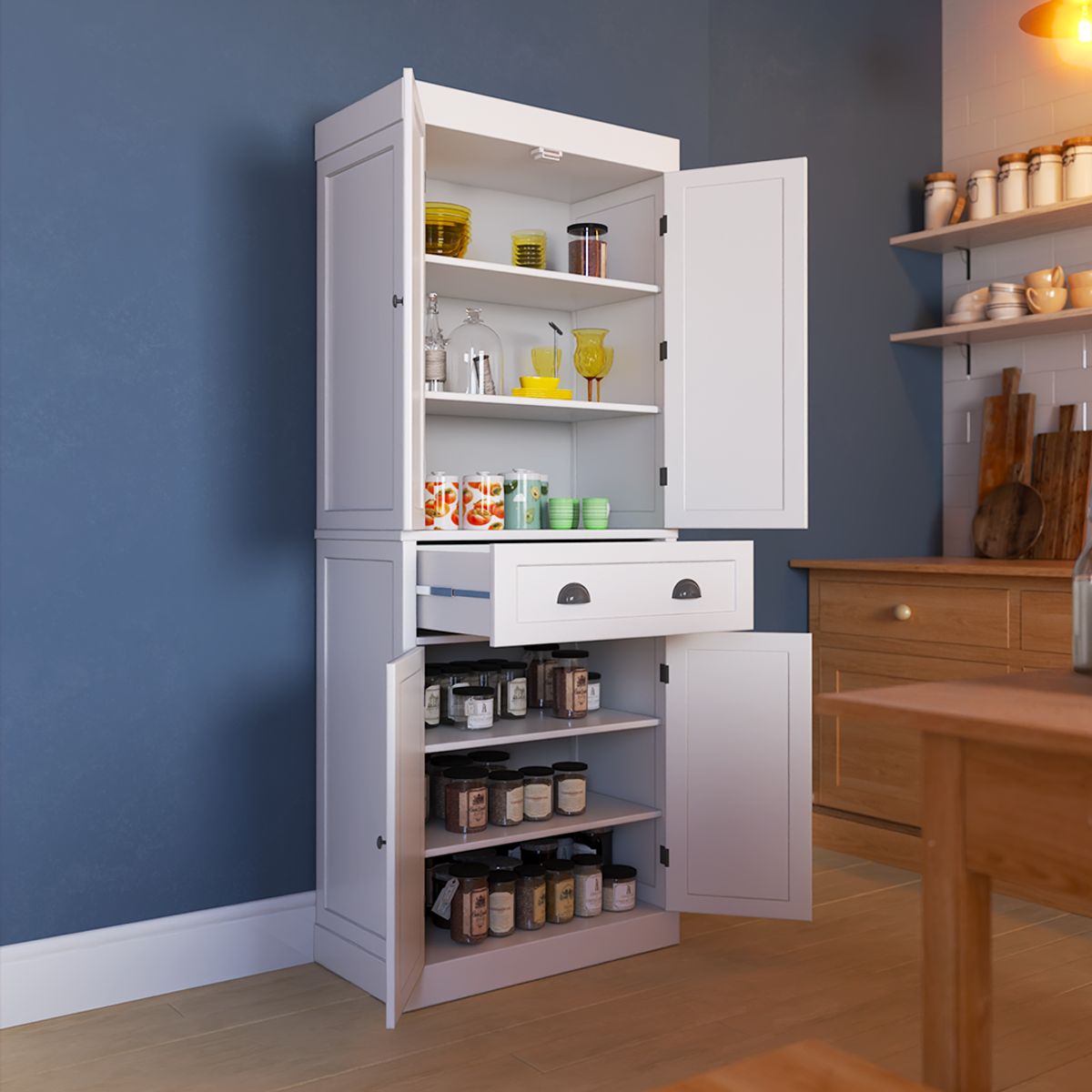 HOMIMAD - Despensa Multiuso Blanca 4 Puertas con Cajón Organizador – Mueble Auxiliar de Cocina Alto