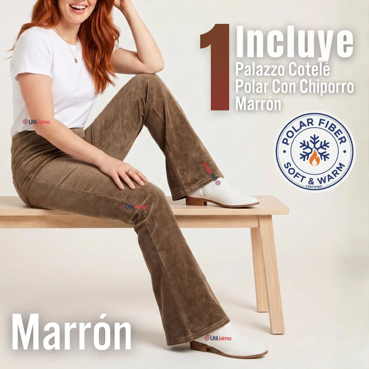 UTILISIMO - Pantalón Cotelé Palazzo Polar Con Chiporro Elasticado Térmico Café