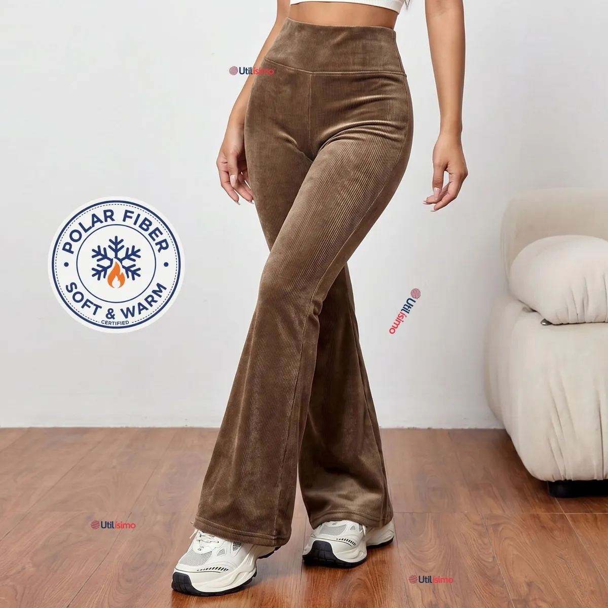 UTILISIMO - Pantalón Cotelé Palazzo Polar Con Chiporro Elasticado Térmico Café