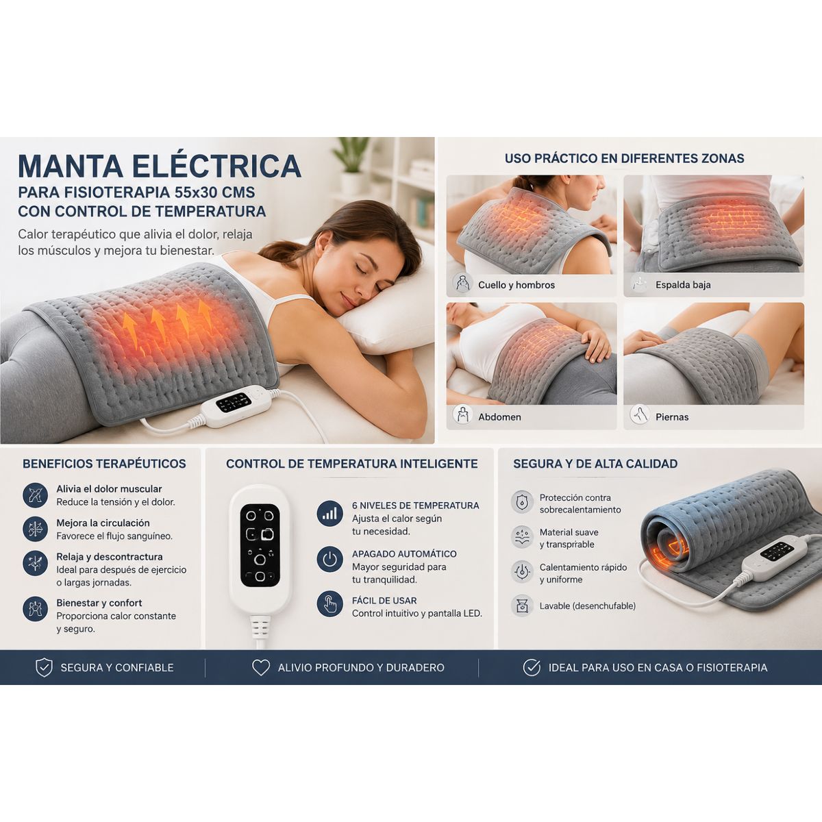 MOVI - Manta Eléctrica Fisioterapia 55x30cm Calor Calma-Dolor Pro
