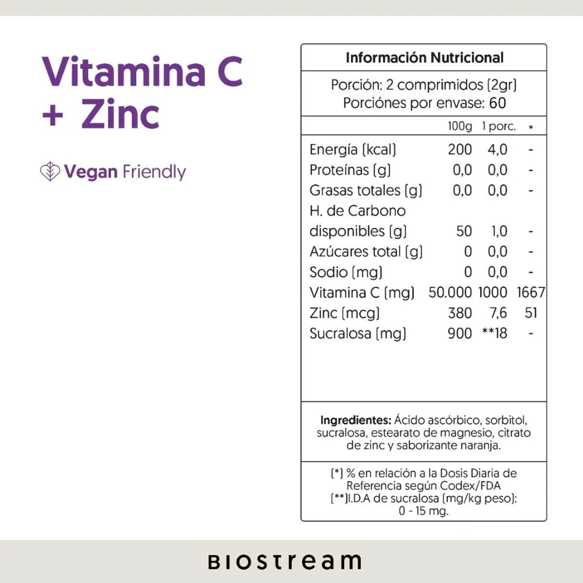 GENERICO - Vitamina C + Zinc - 120 Caps - Biostream
