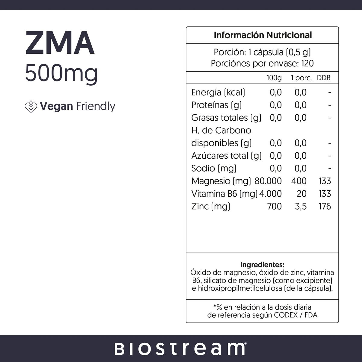 GENERICO - ZMA 500mg Zinc, Magnesio, Vitamina B6 - 120 Caps - Biostream