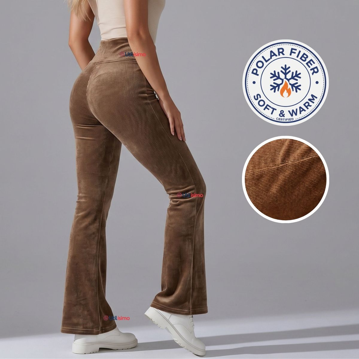 UTILISIMO - Pantalón Cotelé Palazzo Polar Con Chiporro Elasticado Térmico Café