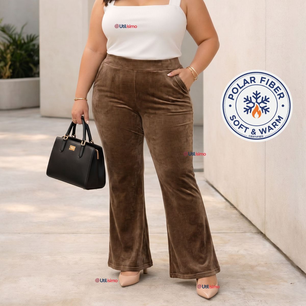 UTILISIMO - Pantalón Cotelé Palazzo Polar Con Chiporro Elasticado Térmico Café
