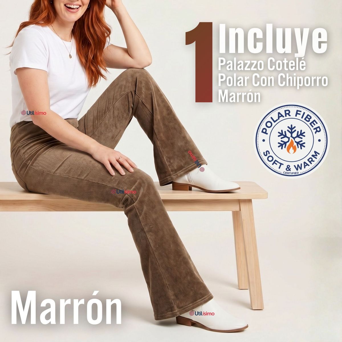 UTILISIMO - Pantalón Cotelé Palazzo Polar Con Chiporro Elasticado Térmico Café