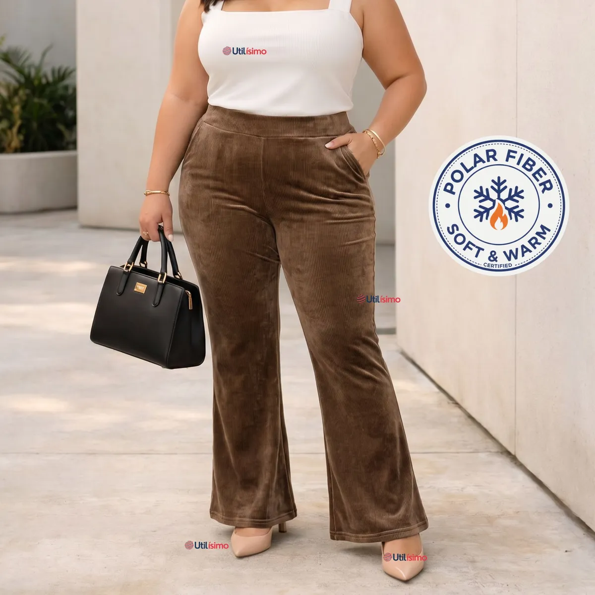UTILISIMO - Pantalón Cotelé Palazzo Polar Con Chiporro Elasticado Térmico Café