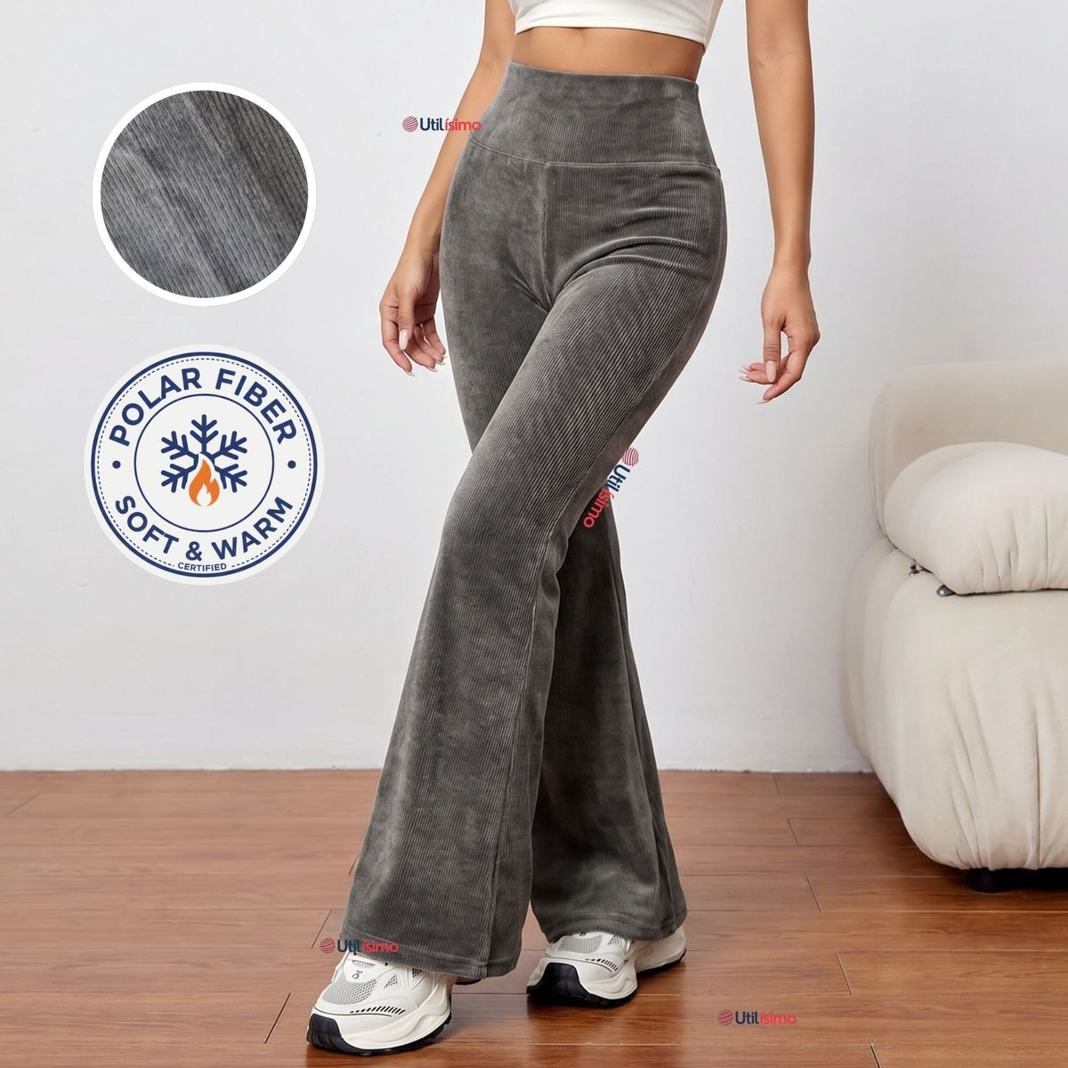 UTILISIMO - Pantalón Cotelé Palazzo Polar Con Chiporro Elasticado Térmico Gris Melange