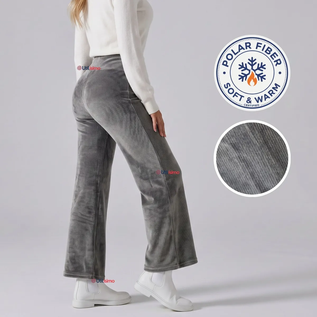 UTILISIMO - Pantalón Cotelé Palazzo Polar Con Chiporro Elasticado Térmico Gris Melange
