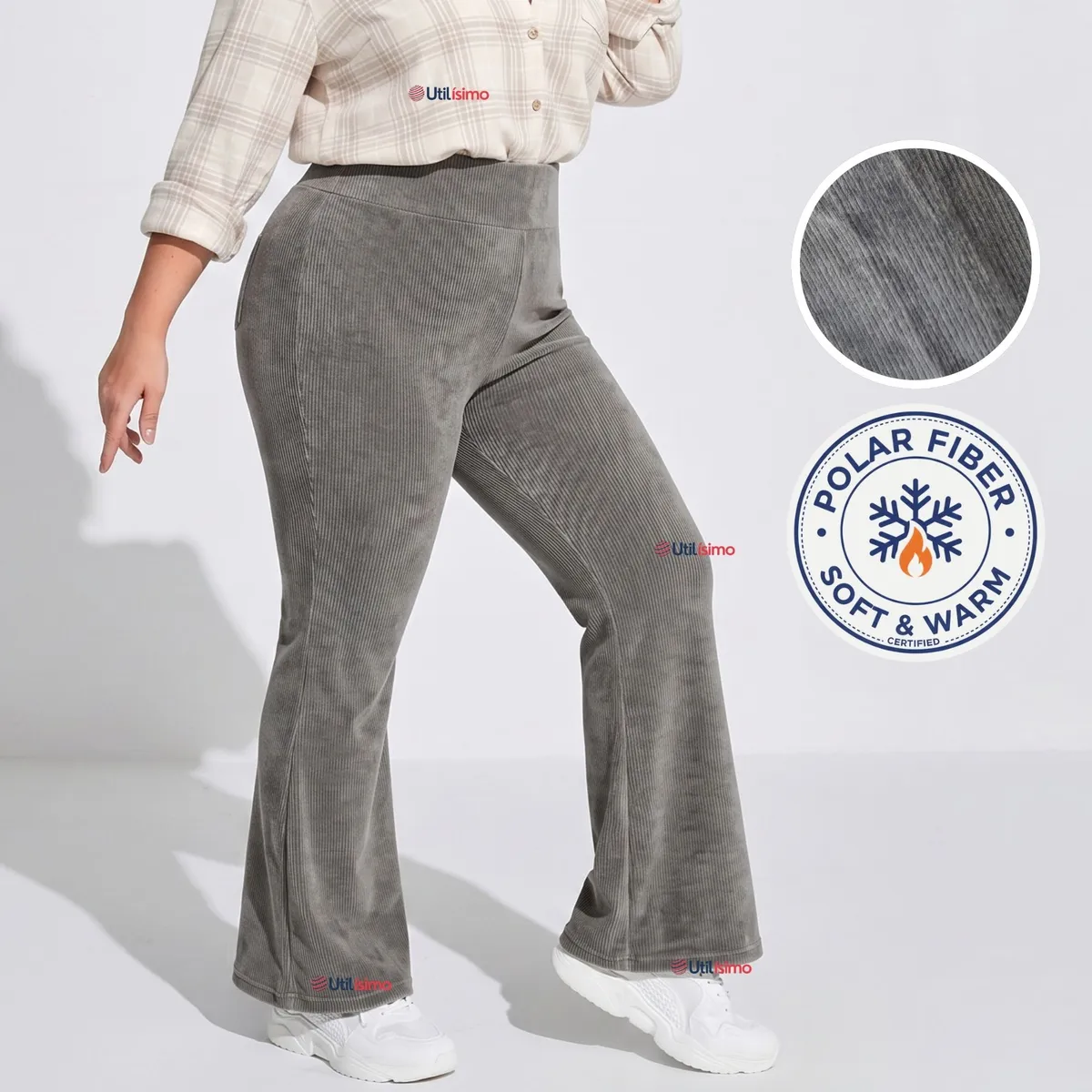 UTILISIMO - Pantalón Cotelé Palazzo Polar Con Chiporro Elasticado Térmico Gris Melange