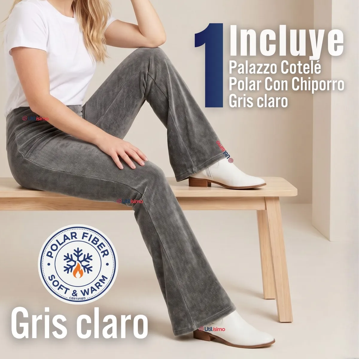 UTILISIMO - Pantalón Cotelé Palazzo Polar Con Chiporro Elasticado Térmico Gris Melange