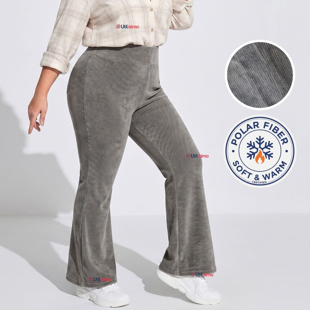 UTILISIMO - Pantalón Cotelé Palazzo Polar Con Chiporro Elasticado Térmico Gris Melange