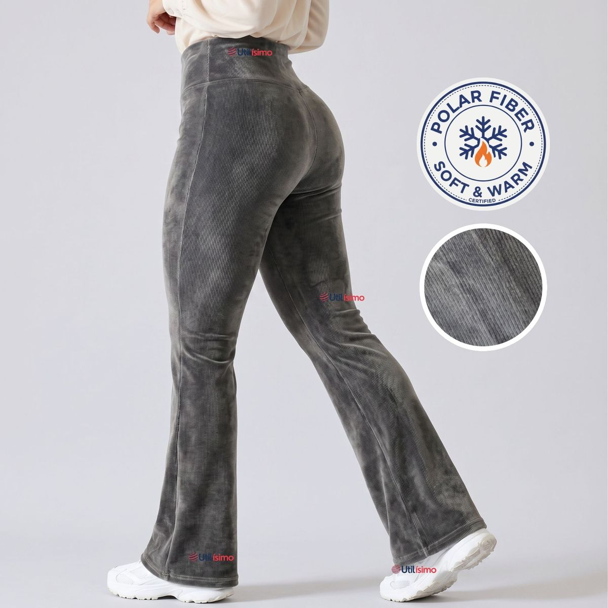 UTILISIMO - Pantalón Cotelé Palazzo Polar Con Chiporro Elasticado Térmico Gris Melange