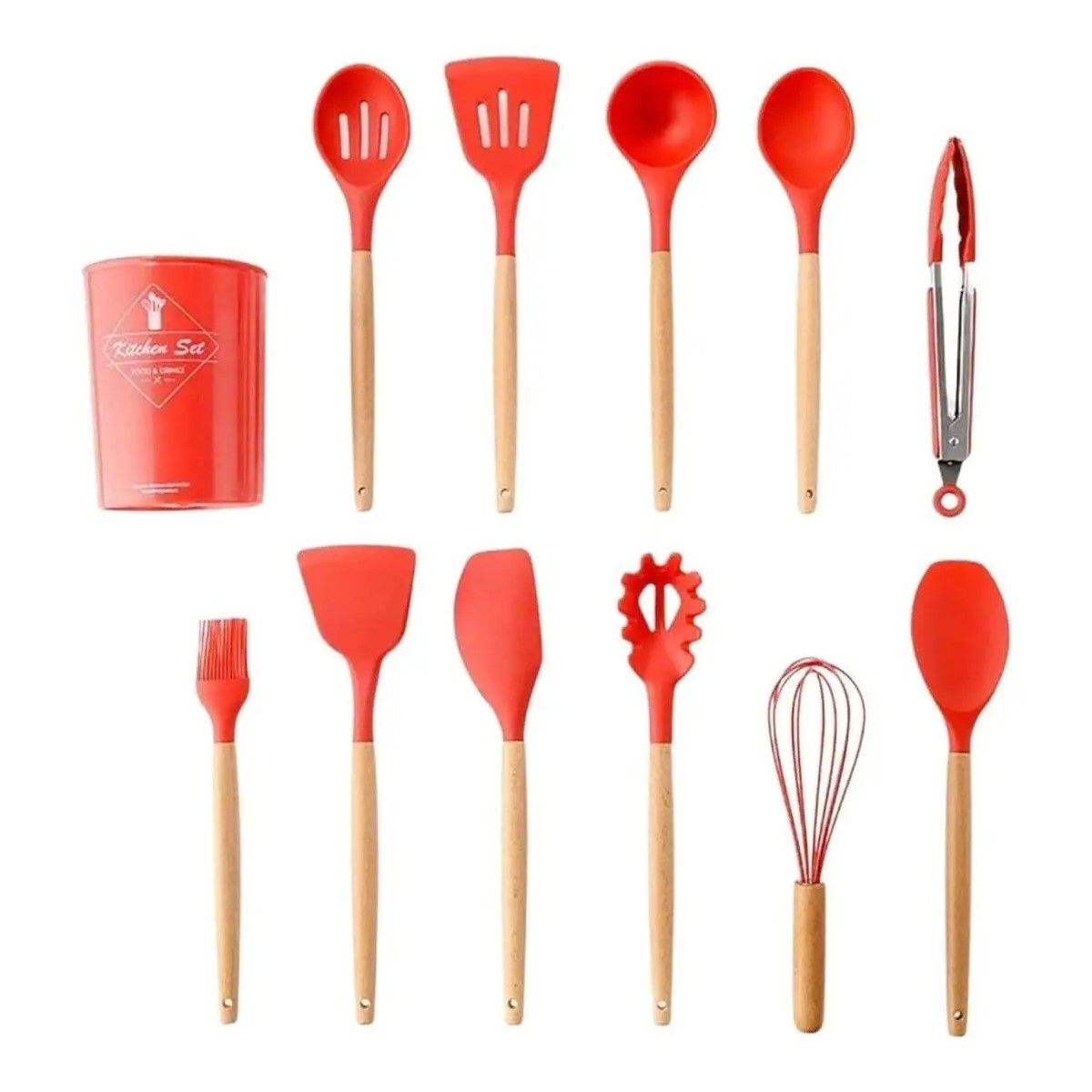 GENERICO - Utensilios Silicona Madera Juego Cucharas Color Rojo BELUG