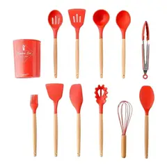 GENERICO - Utensilios Silicona Madera Juego Cucharas Color Rojo BELUG
