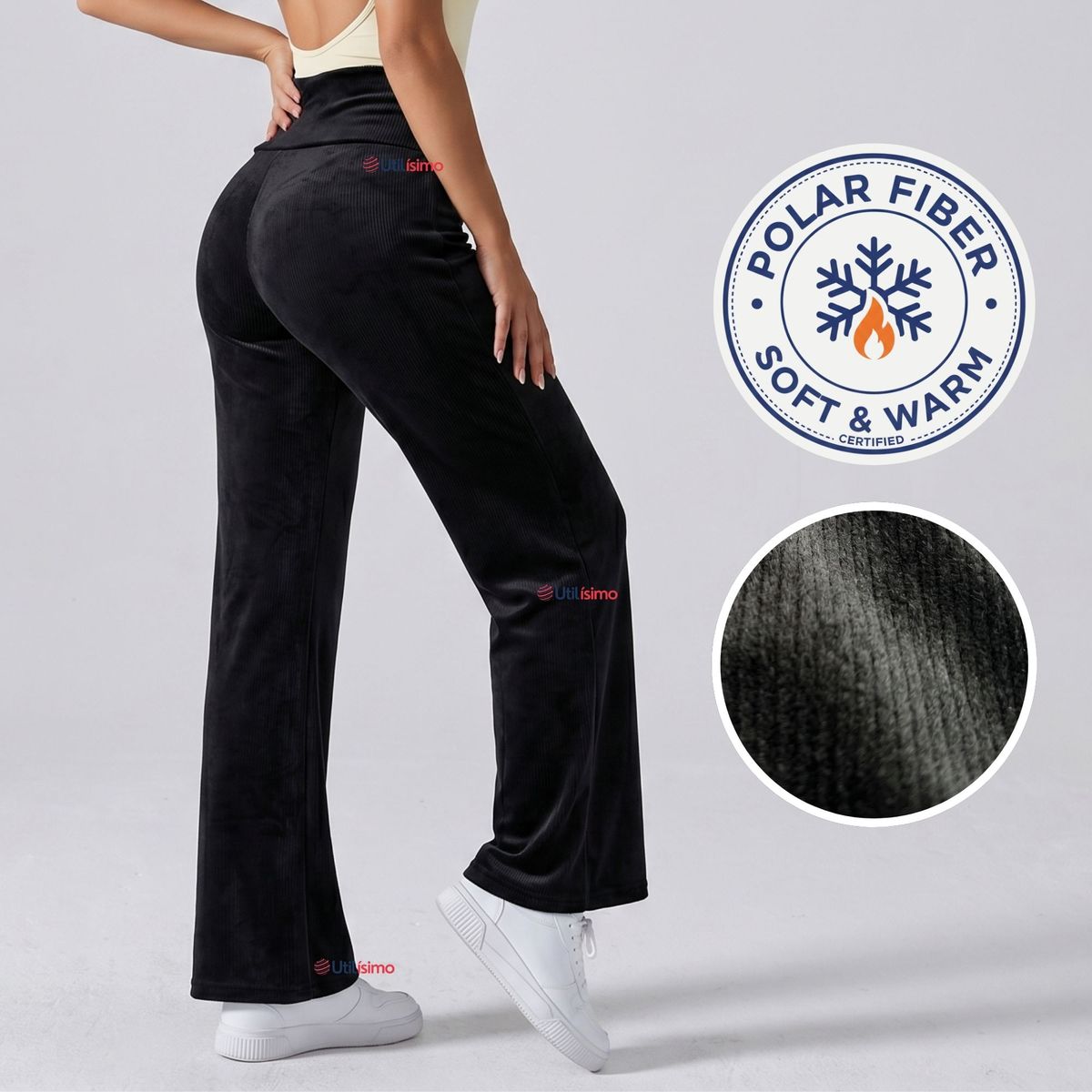 UTILISIMO - Pantalón Cotelé Palazzo Polar Con Chiporro Elasticado Térmico Negro