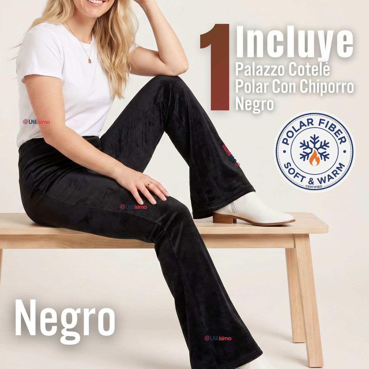 UTILISIMO - Pantalón Cotelé Palazzo Polar Con Chiporro Elasticado Térmico Negro
