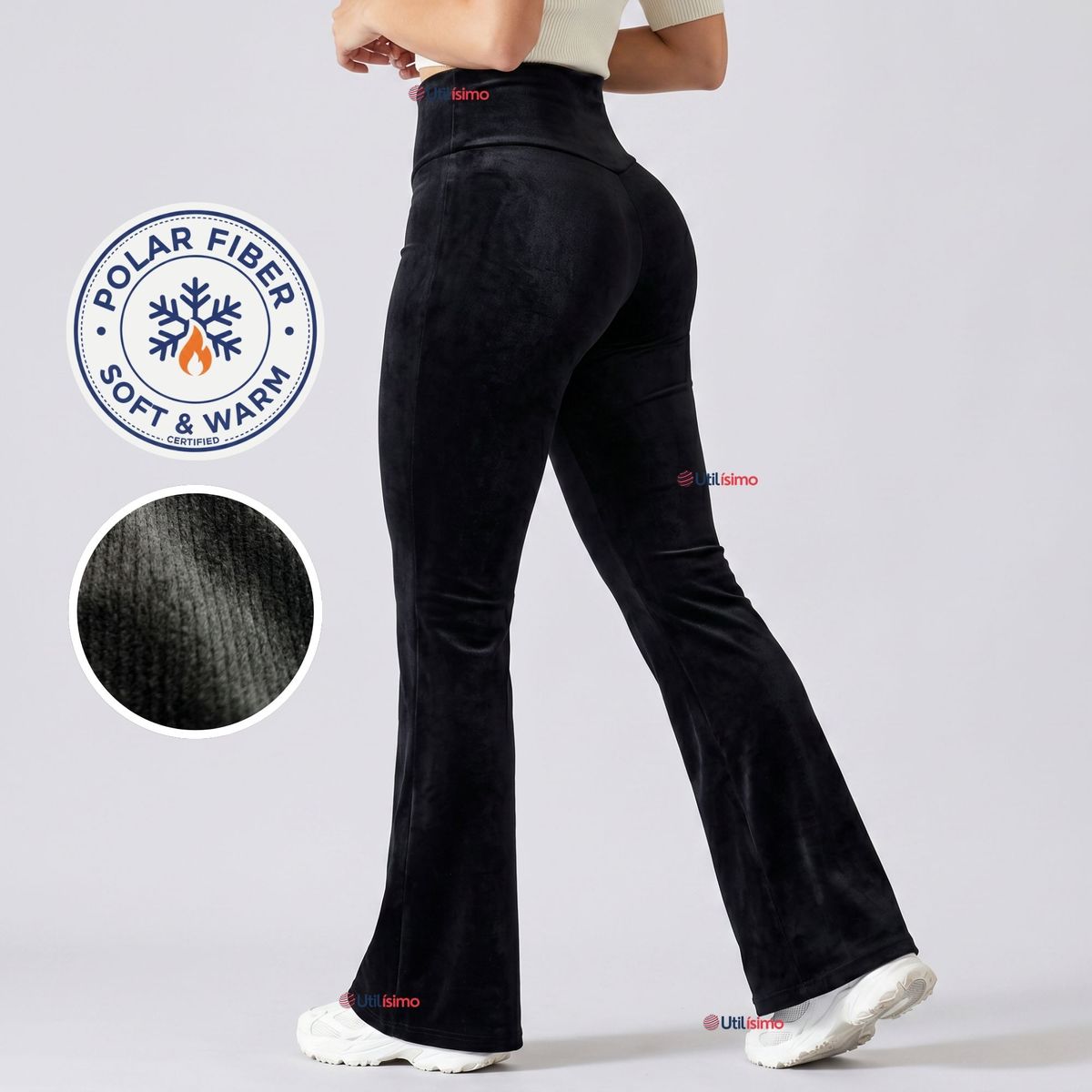 UTILISIMO - Pantalón Cotelé Palazzo Polar Con Chiporro Elasticado Térmico Negro