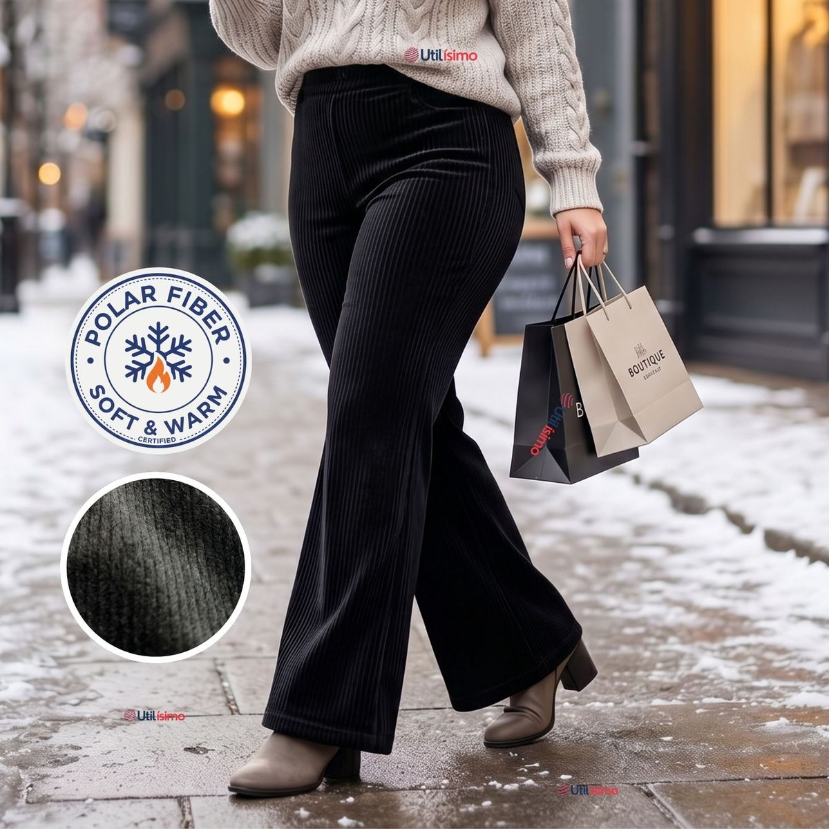UTILISIMO - Pantalón Cotelé Palazzo Polar Con Chiporro Elasticado Térmico Negro