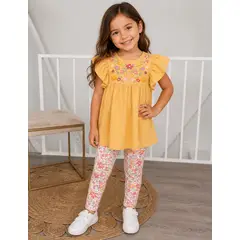 GENERAL - Conjunto Niña 2 Piezas Blusa Mostaza Floral y Calza Floreada