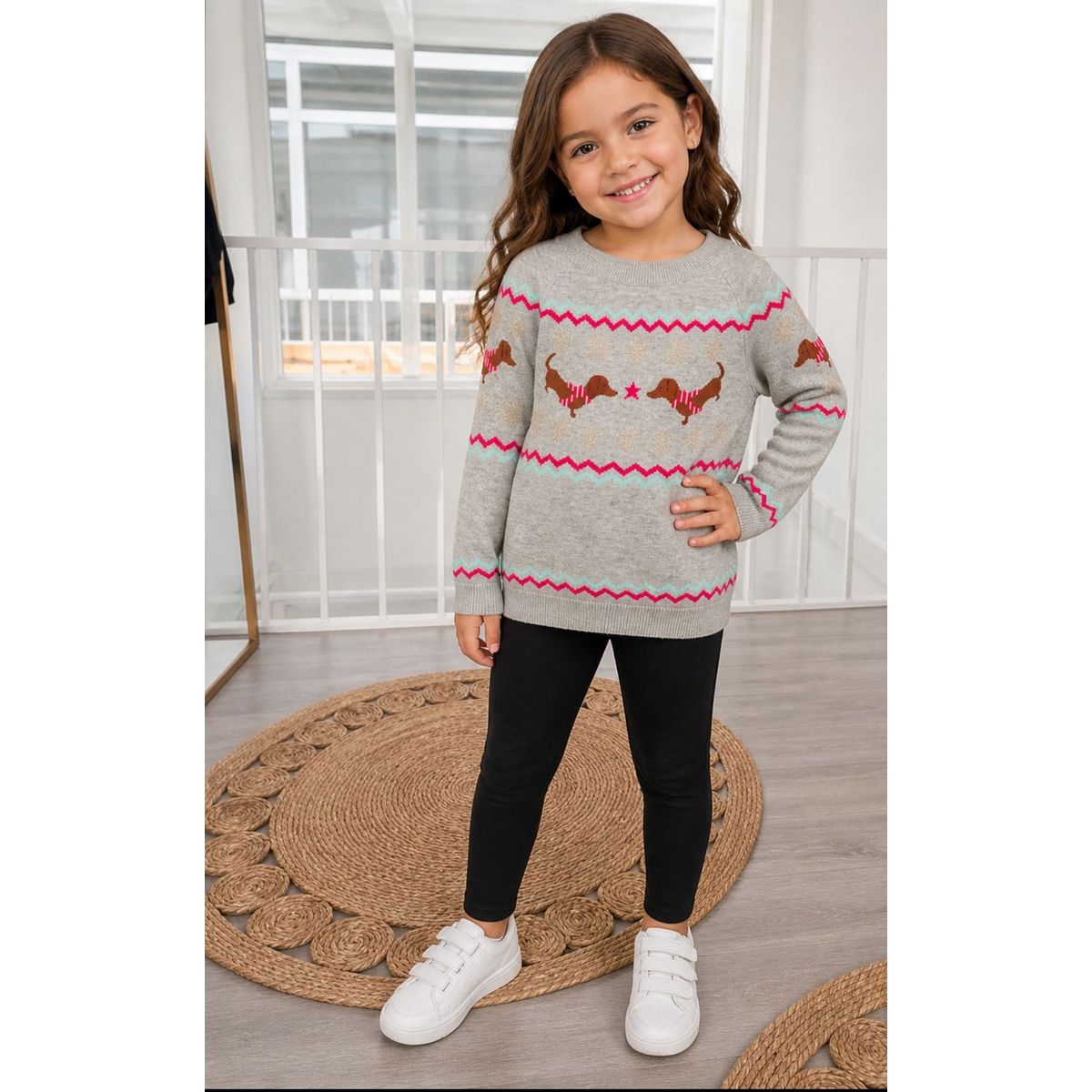 GENERAL - Conjunto Niña 2 Piezas Sweater Gris Perritos Salchicha y Calza Negra