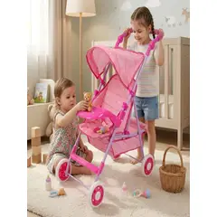 GENERICO - Coche de Juguete para Muñecas con Toldo Plegable y Bandeja Rosado Diseño Lineal