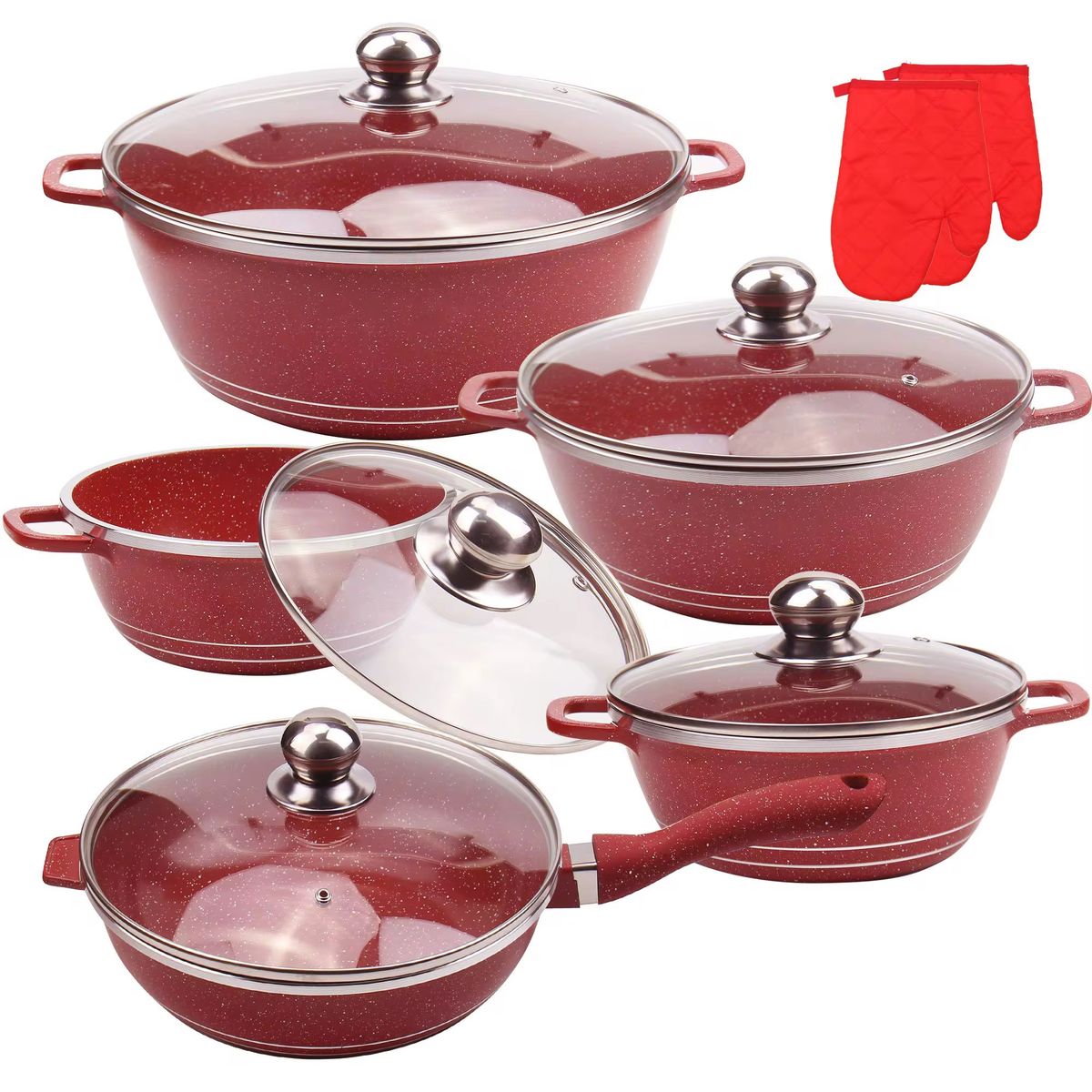 GENERICO - Batería De Cocina 12 Piezas Ollas Antiadherentes rojas