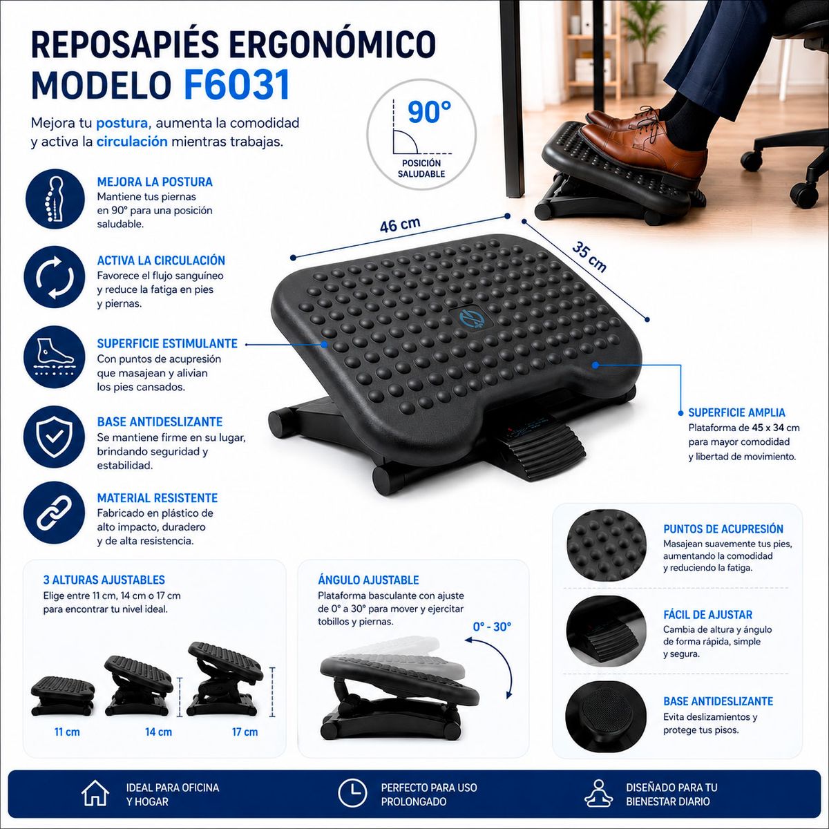 TERMOLAM - Reposapiés - Ergonómico Regulable 3 posiciones F6031
