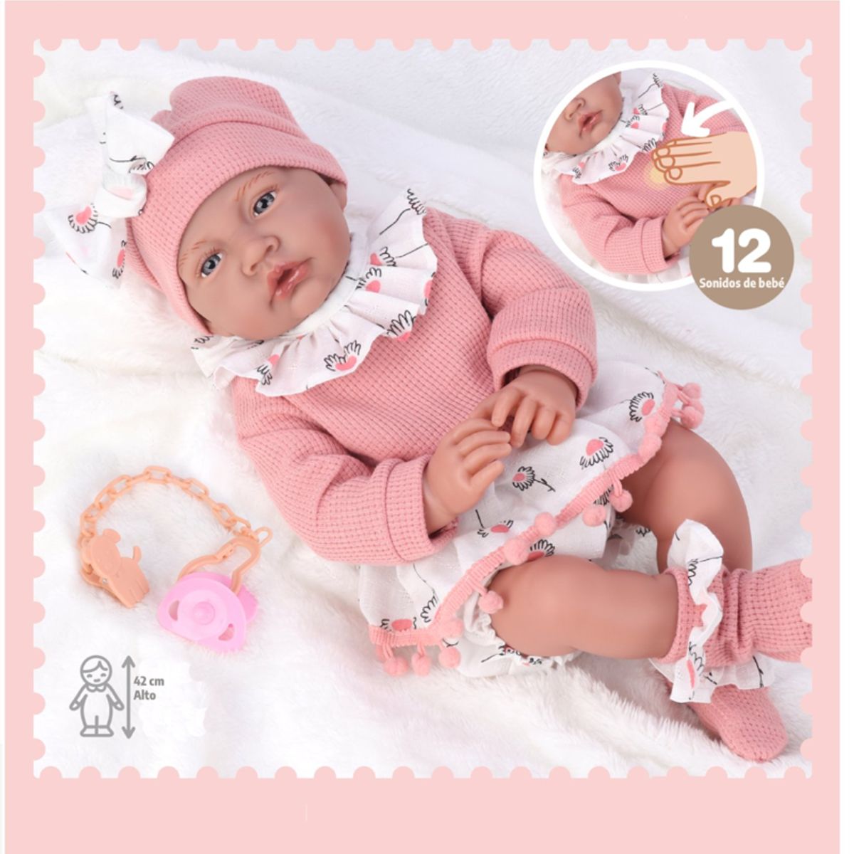KIDSCOOL - Muñeca Bebé Realista 40cm Con 12 Sonidos De Apego Rosado