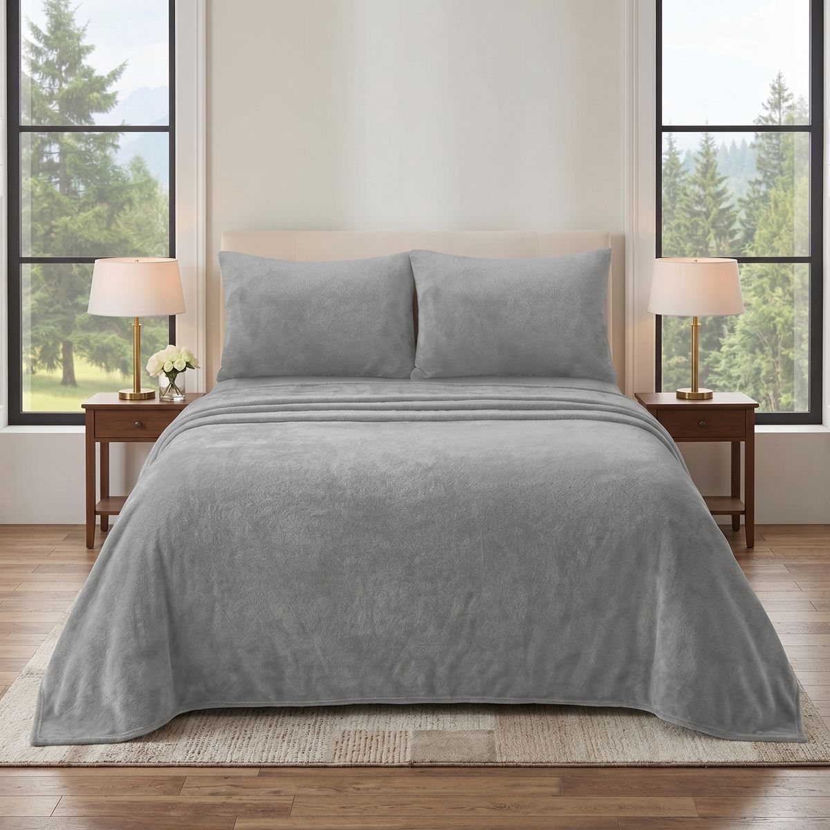GENERICO - Set de Sábanas Polar Plush Plaza y Media Suaves - Gris
