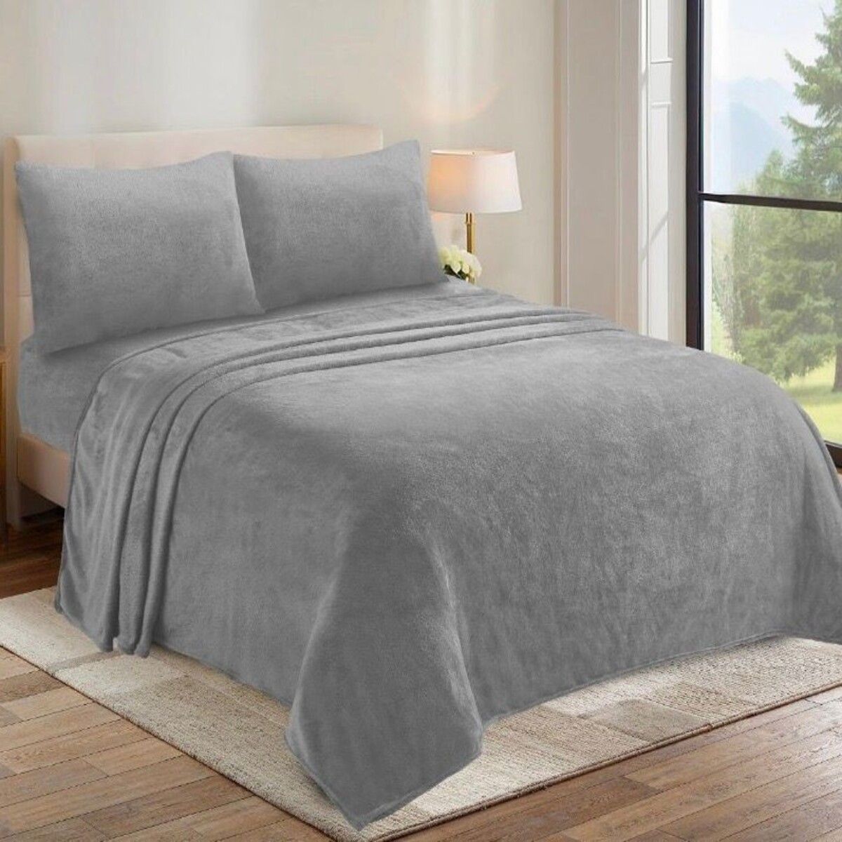 GENERICO - Set de Sábanas Polar Plush Plaza y Media Suaves - Gris