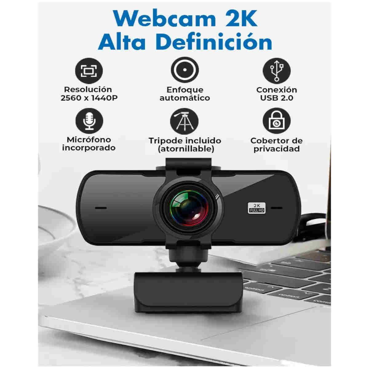 GENERICO - Webcam Camara Web 2k 1440p Usb Microfono Tripode Cubre Lente Color Negro BELUG