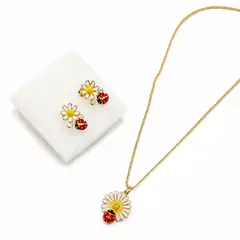 GENERICO - SET DE COLLAR Y AROS DISEÑO FLOR MARGARITA Y MARIQUITA ROJA
