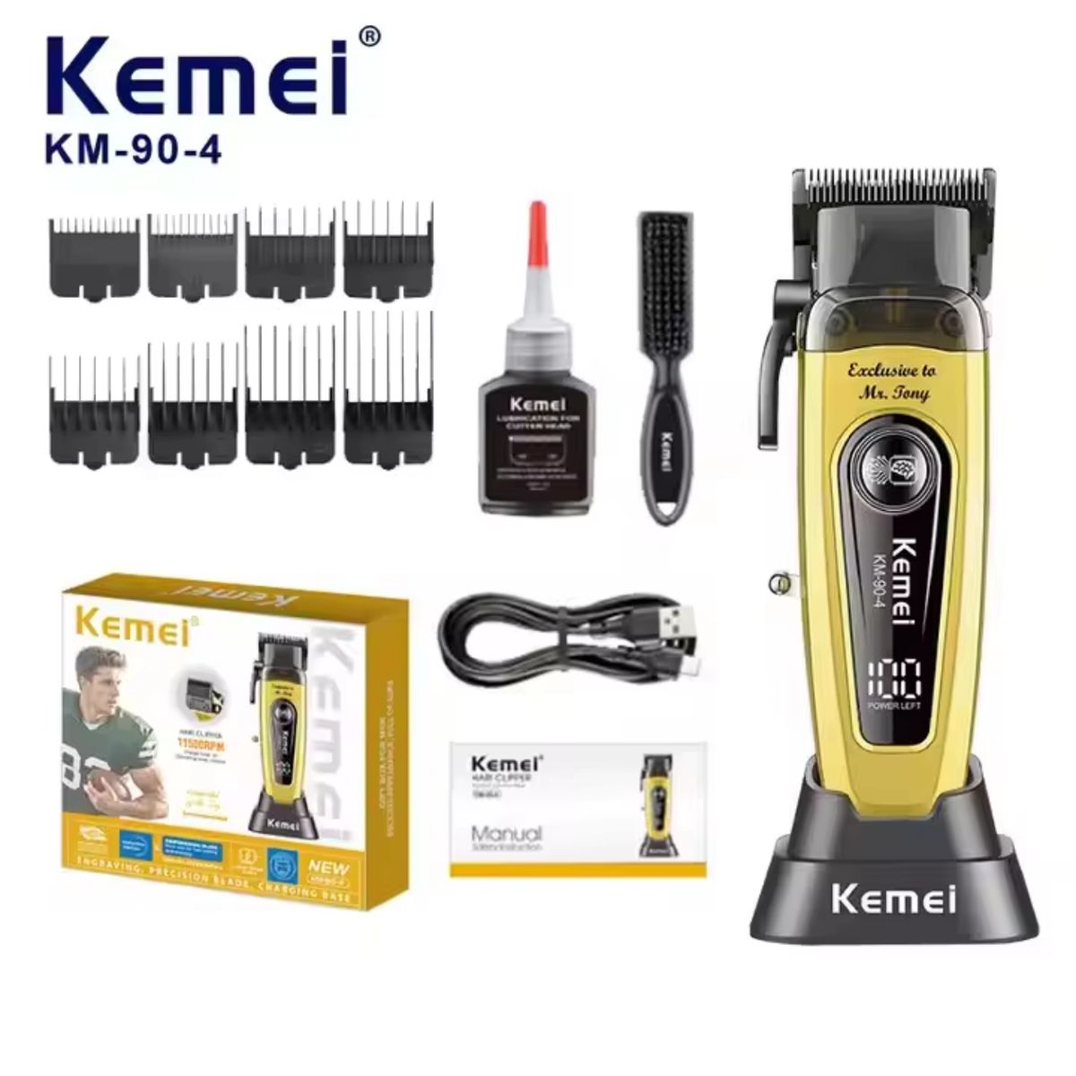 KEMEI - Combo Kemei 90-4 Cortadora 11500 Rpm Y Trimmer Km 2293 + Shaver T389 Dorado