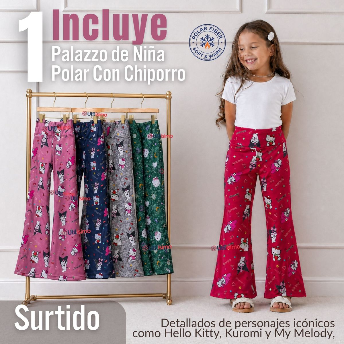 JUMP KIDS - Pantalón Palazzo Buzo Polar Con Chiporro Niña Térmico Surtido Hello Kitty Kuromi My Melody Sanrío