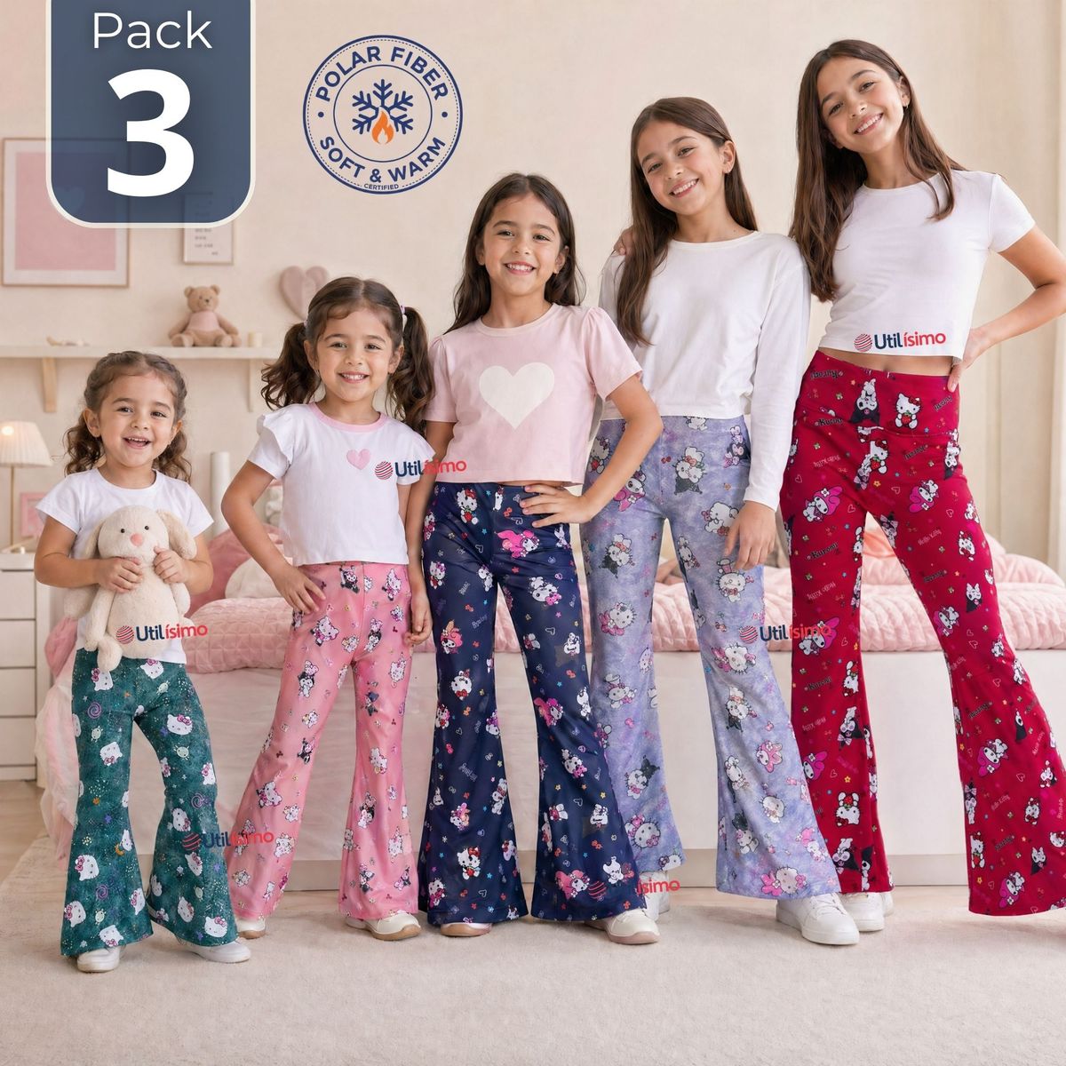 JUMP KIDS - Pack 3 Buzos Pantalones Palazzos Polar Con Chiporro Niña Térmico Surtido Sanrío