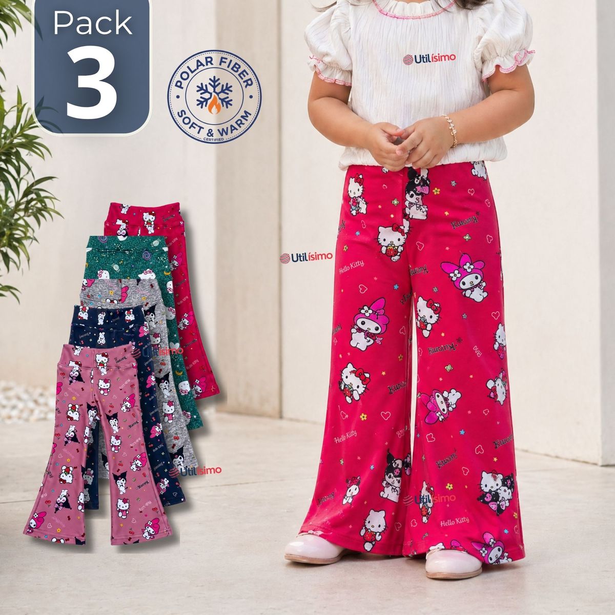 JUMP KIDS - Pack 3 Buzos Pantalones Palazzos Polar Con Chiporro Niña Térmico Surtido Sanrío
