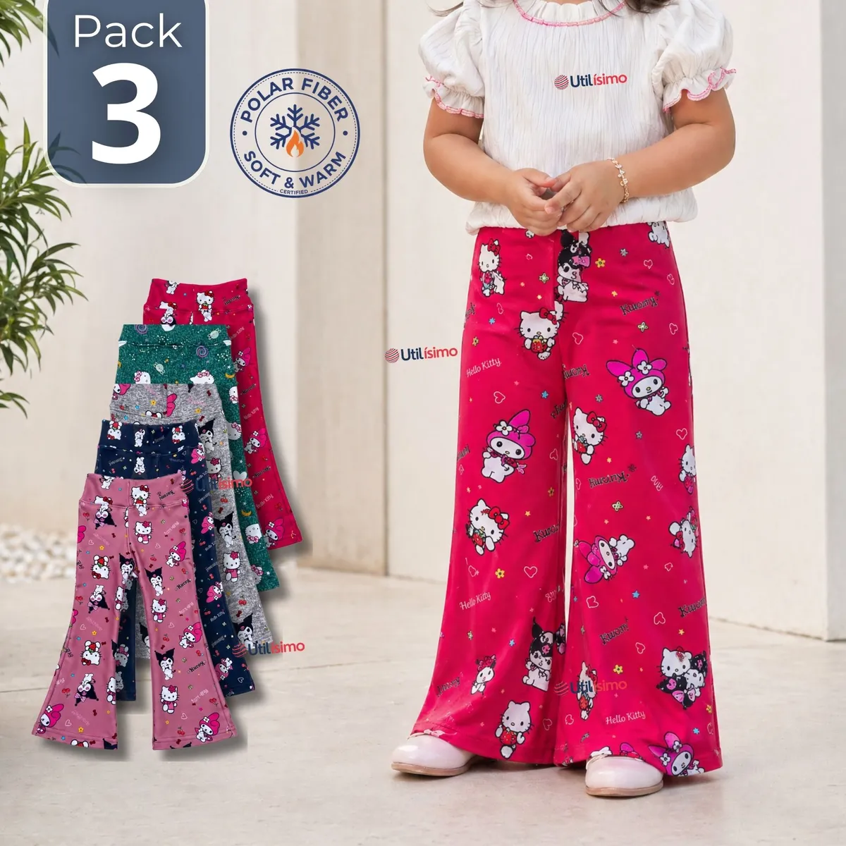 JUMP KIDS - Pack 3 Buzos Pantalones Palazzos Polar Con Chiporro Niña Térmico Surtido Sanrío