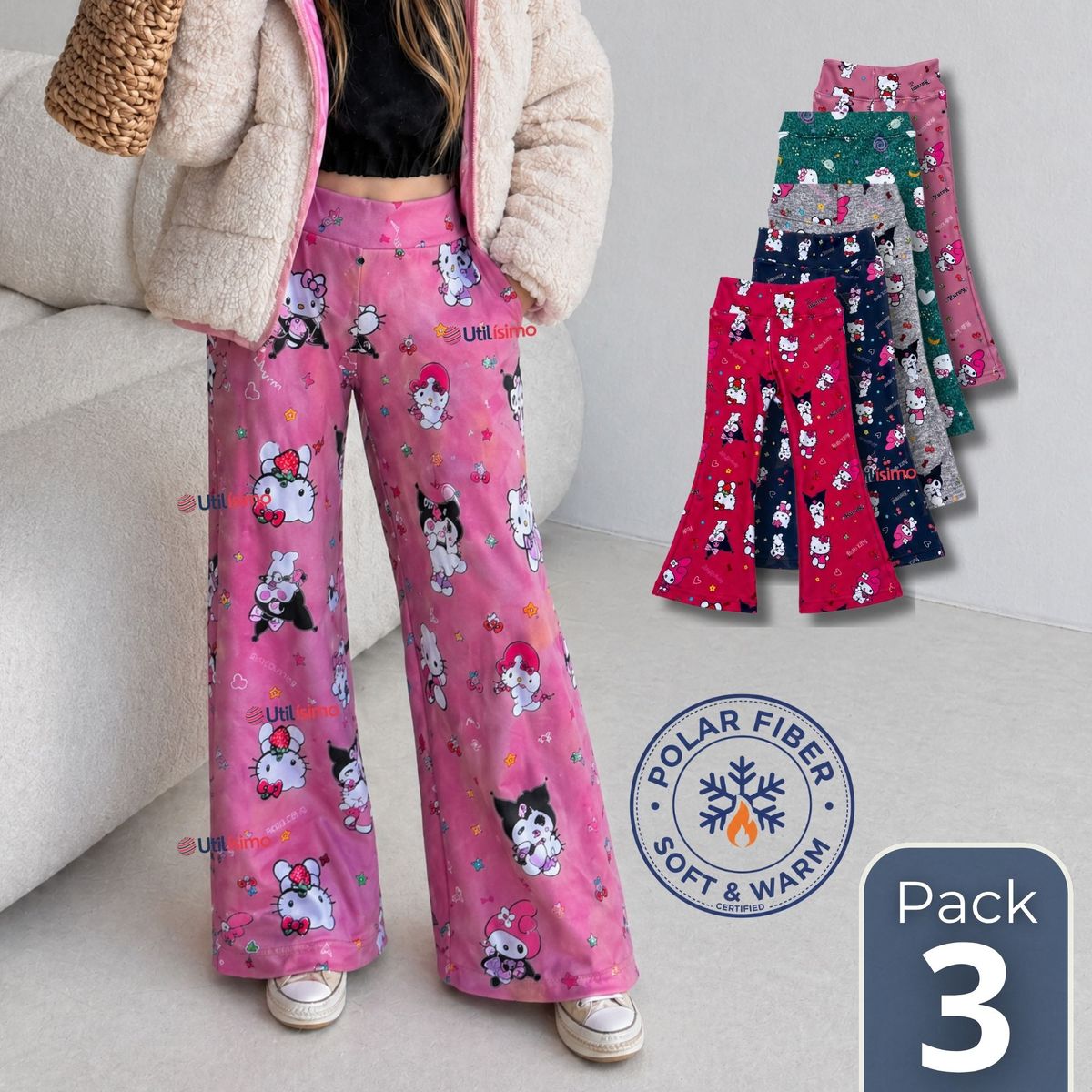 JUMP KIDS - Pack 3 Buzos Pantalones Palazzos Polar Con Chiporro Niña Térmico Surtido Sanrío