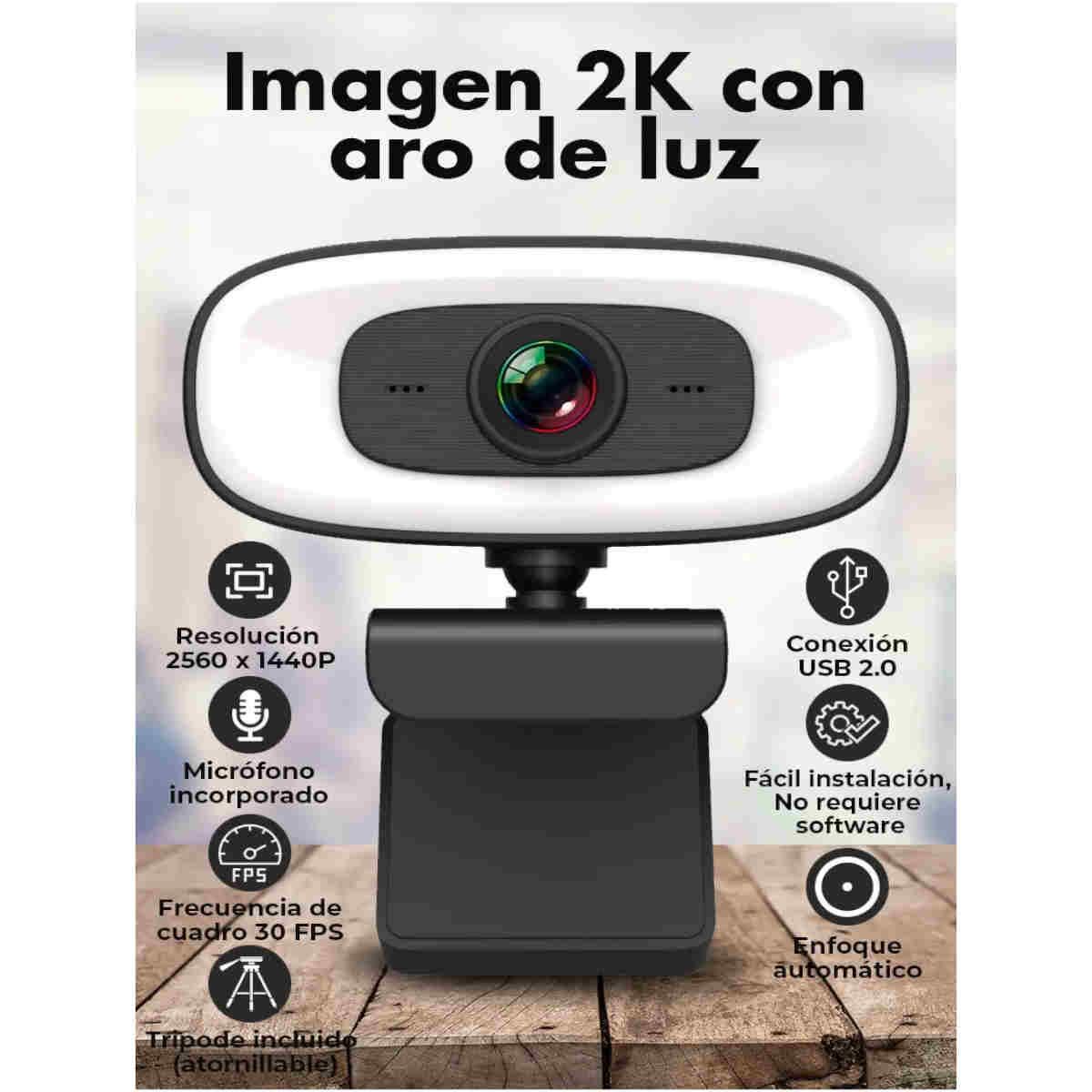 GENERICO - Webcam Camara Web 2k Aro De Luz Microfono Tripode Cubrelente Color Negro BELUG