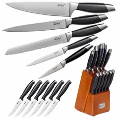 DECO GEAR - Set 12 Cuchillos Deco Chef Acero Inoxidable Full Tang + Bloque de Madera Nogal y Guía Afilado